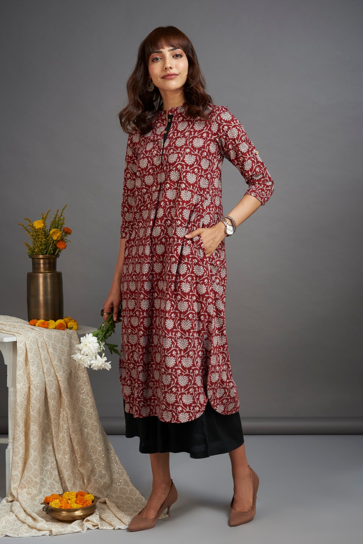 stand collar kurta with round hem - garnet glory & delicate motif ...