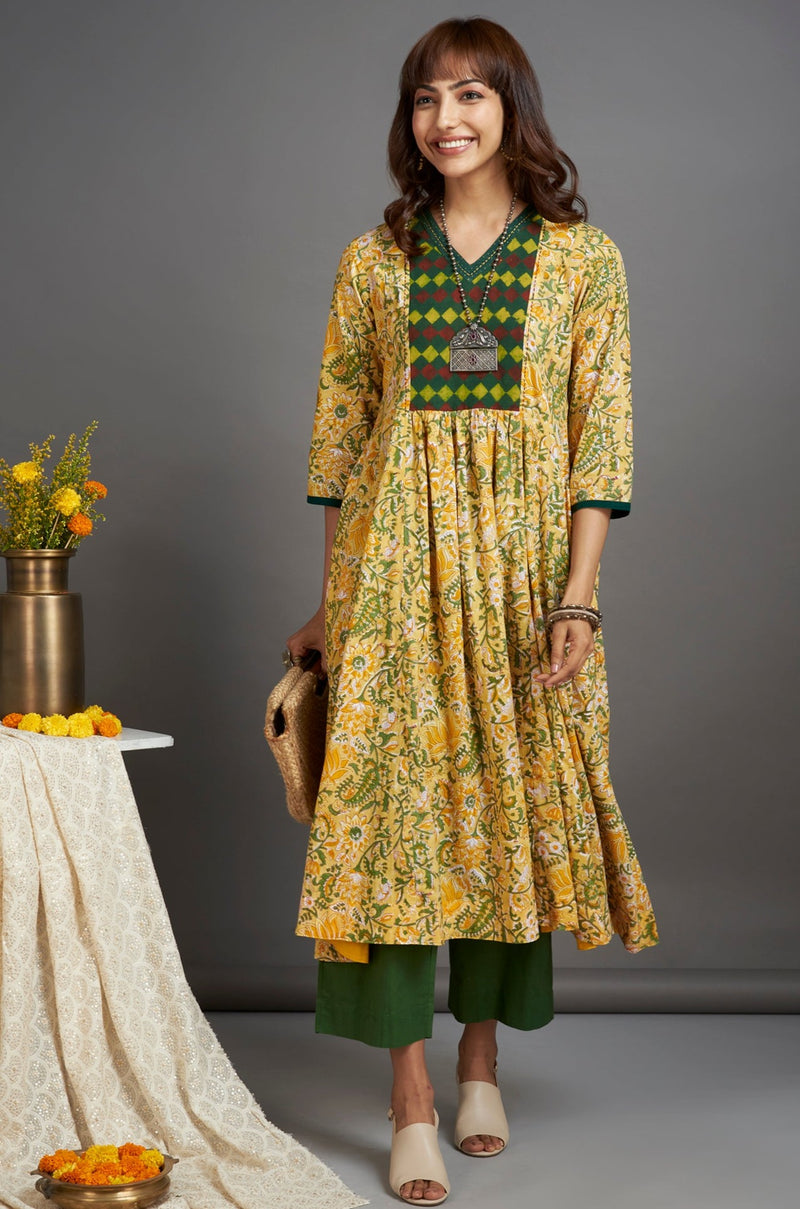 v-neck yoke anarkali - illuminating yellow & herb garden - maati crafts