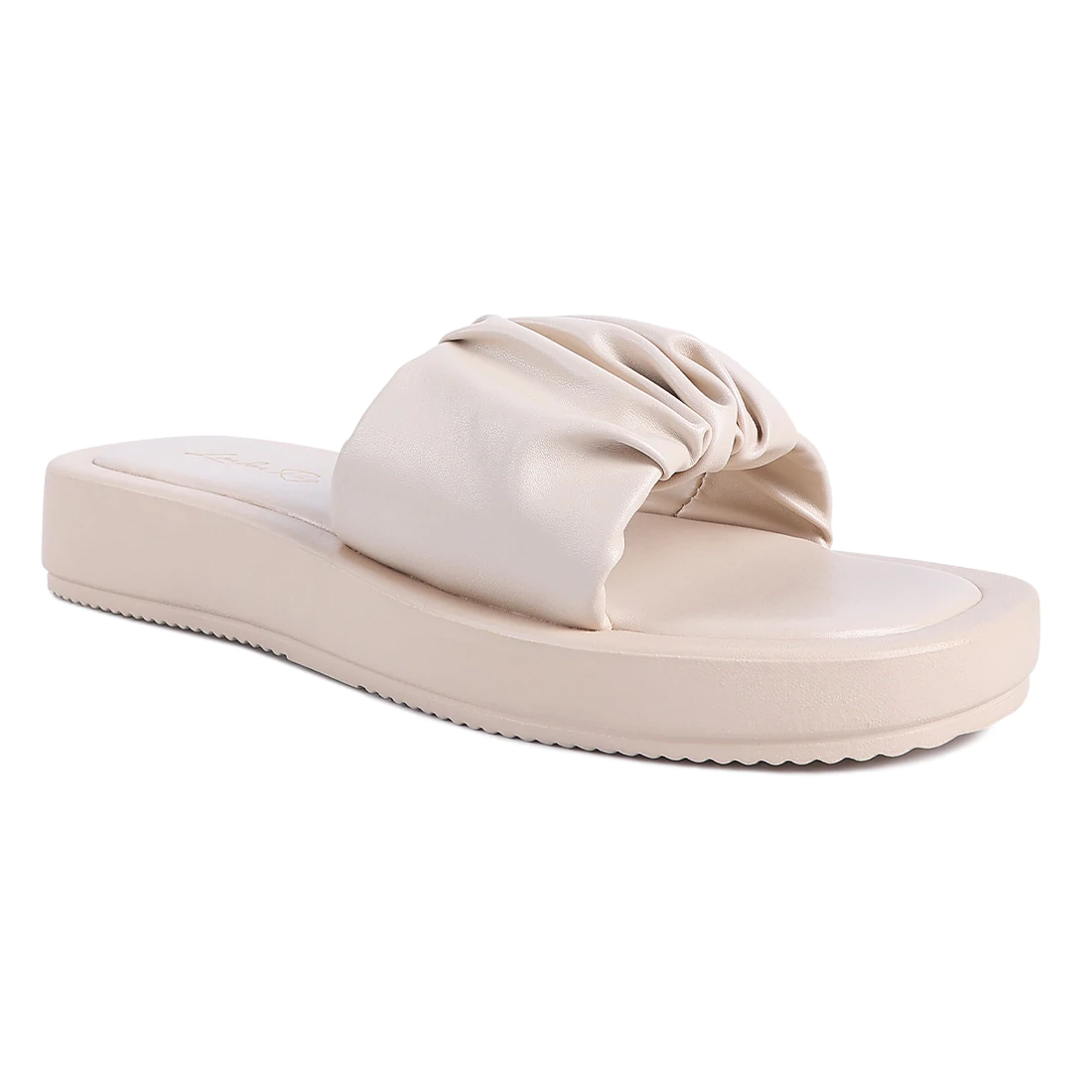 BEIGE GATHERED LOW WEDGE SLIDES