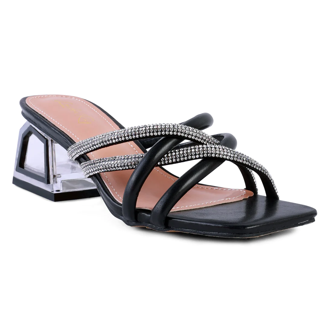 BLACK CUT OUT HEEL DIAMANTE SANDALS