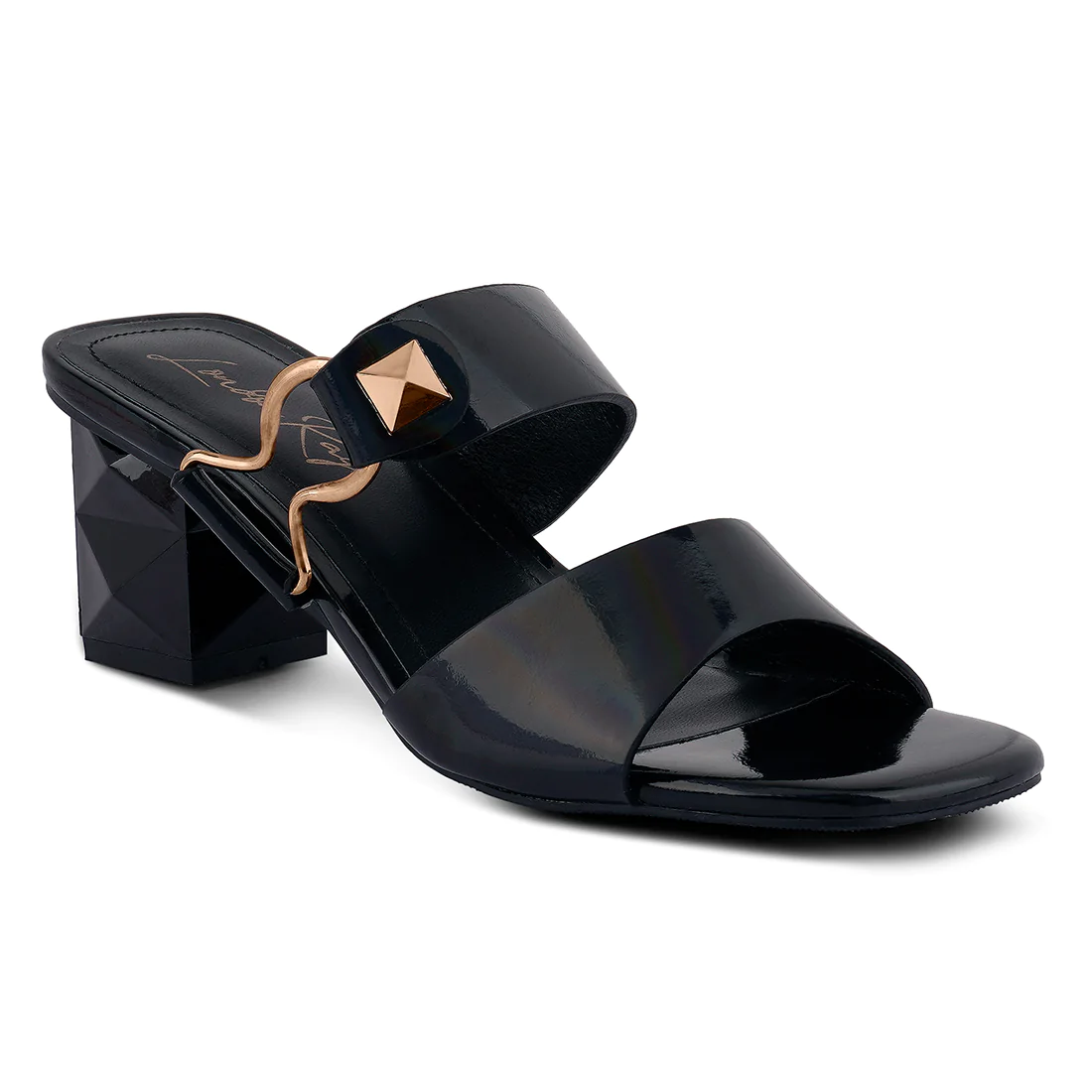 BLACK HOOKUP GEOMETRIC CUT BLOCK HEEL SLIDES