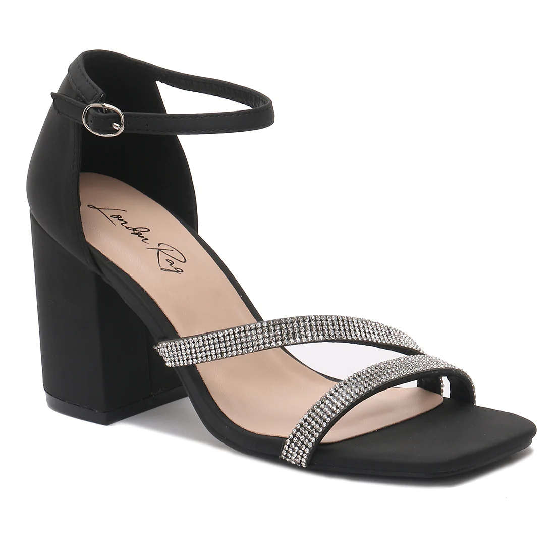 BLACK RHINESTONE EVENING HEEL SANDALS