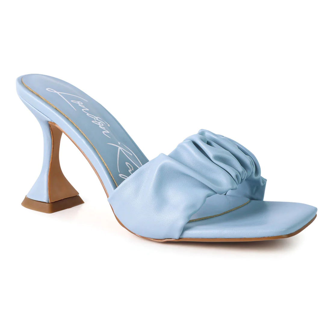 BLUE SPOOL HEELED RUCHED SANDALS