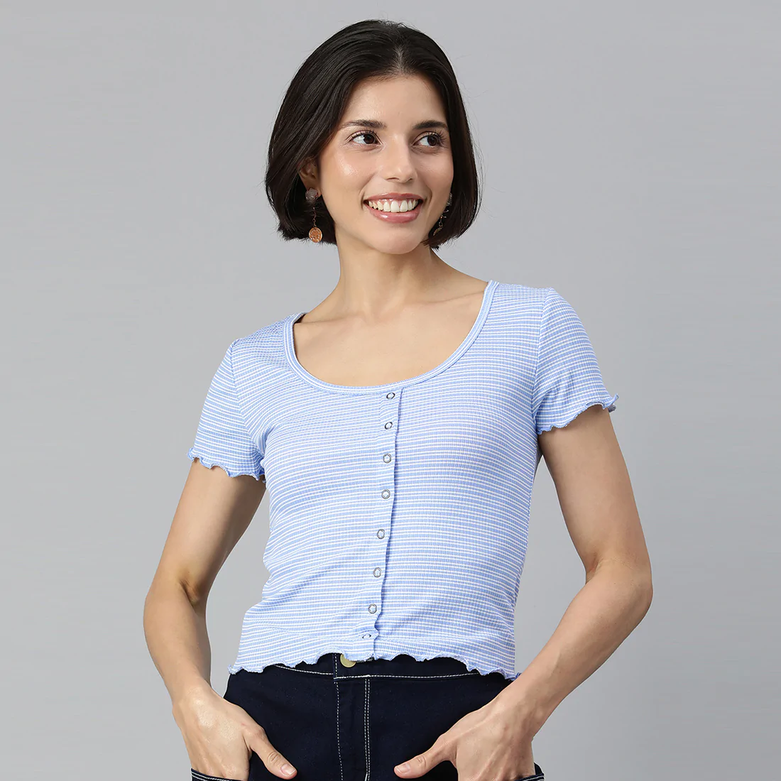 Blue Stripe Casual Short Short Summer Top