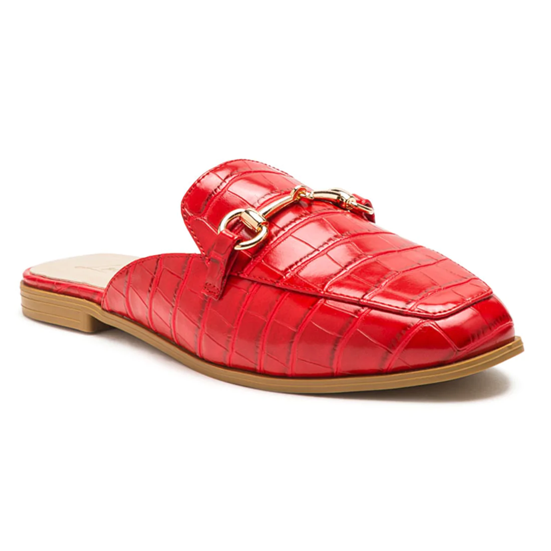 BUCKLED CROC MULES IN RED