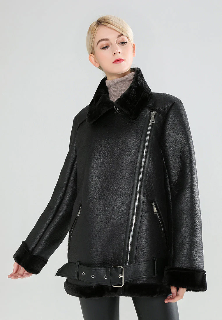 Black Leather Biker Jacket with Faux Fur Collar