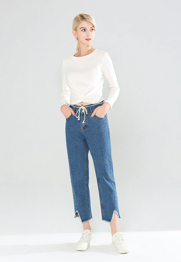 Blue Denim Jeans with Frayed Bottom