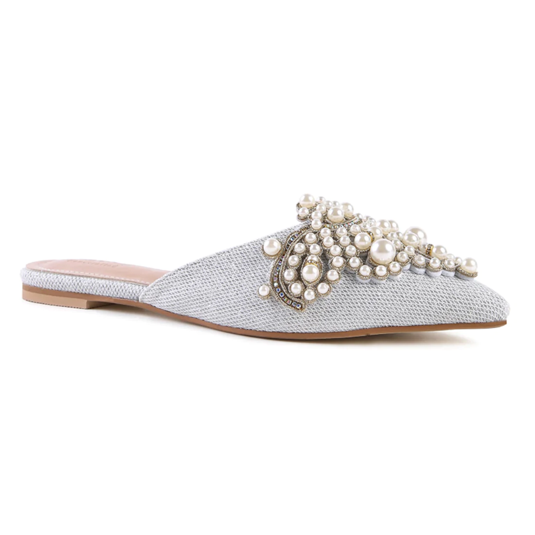 EMBELLISHED DELICATE PEARL MULES IN SILVER