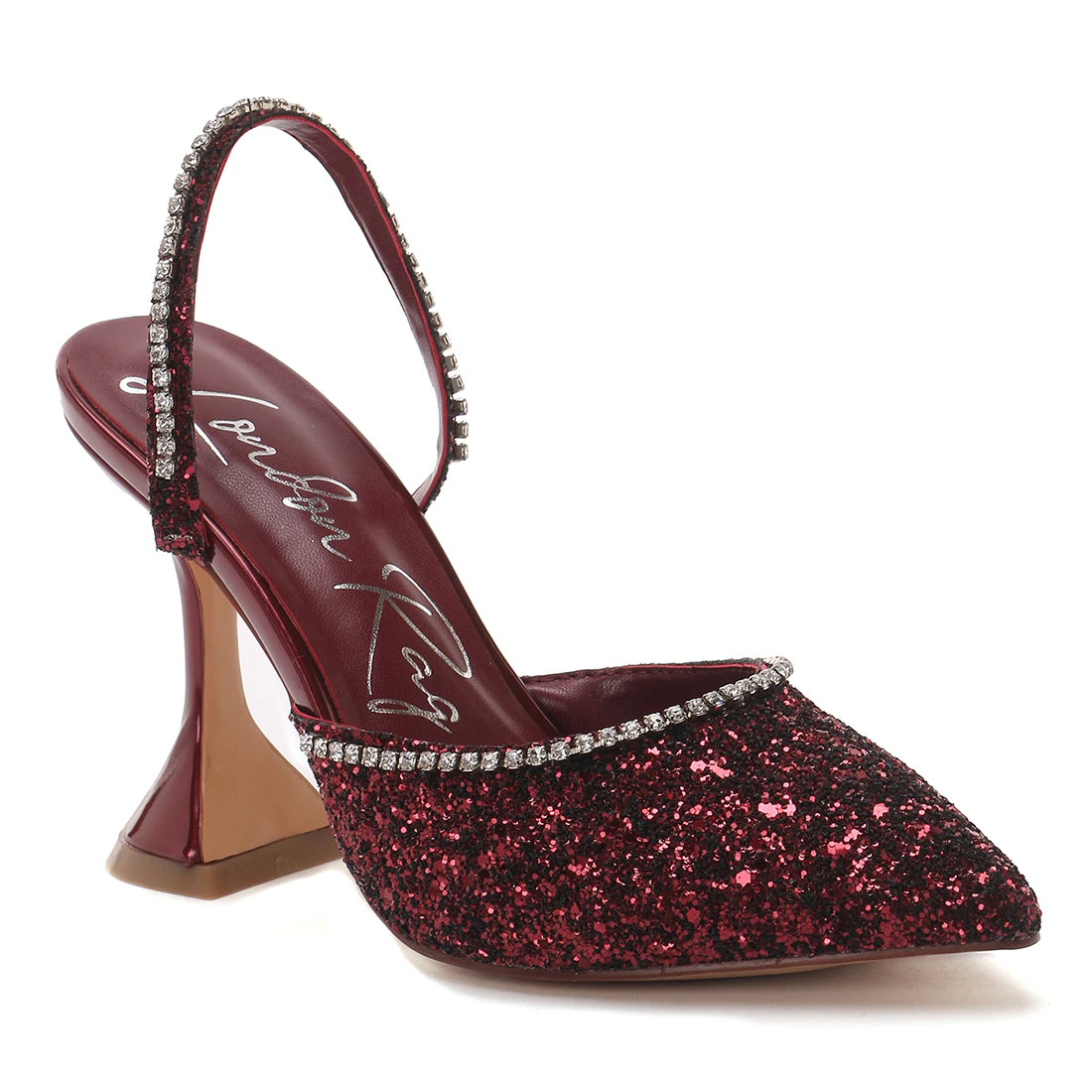 GLITTER SPOOL HEEL SANDAL IN WINE