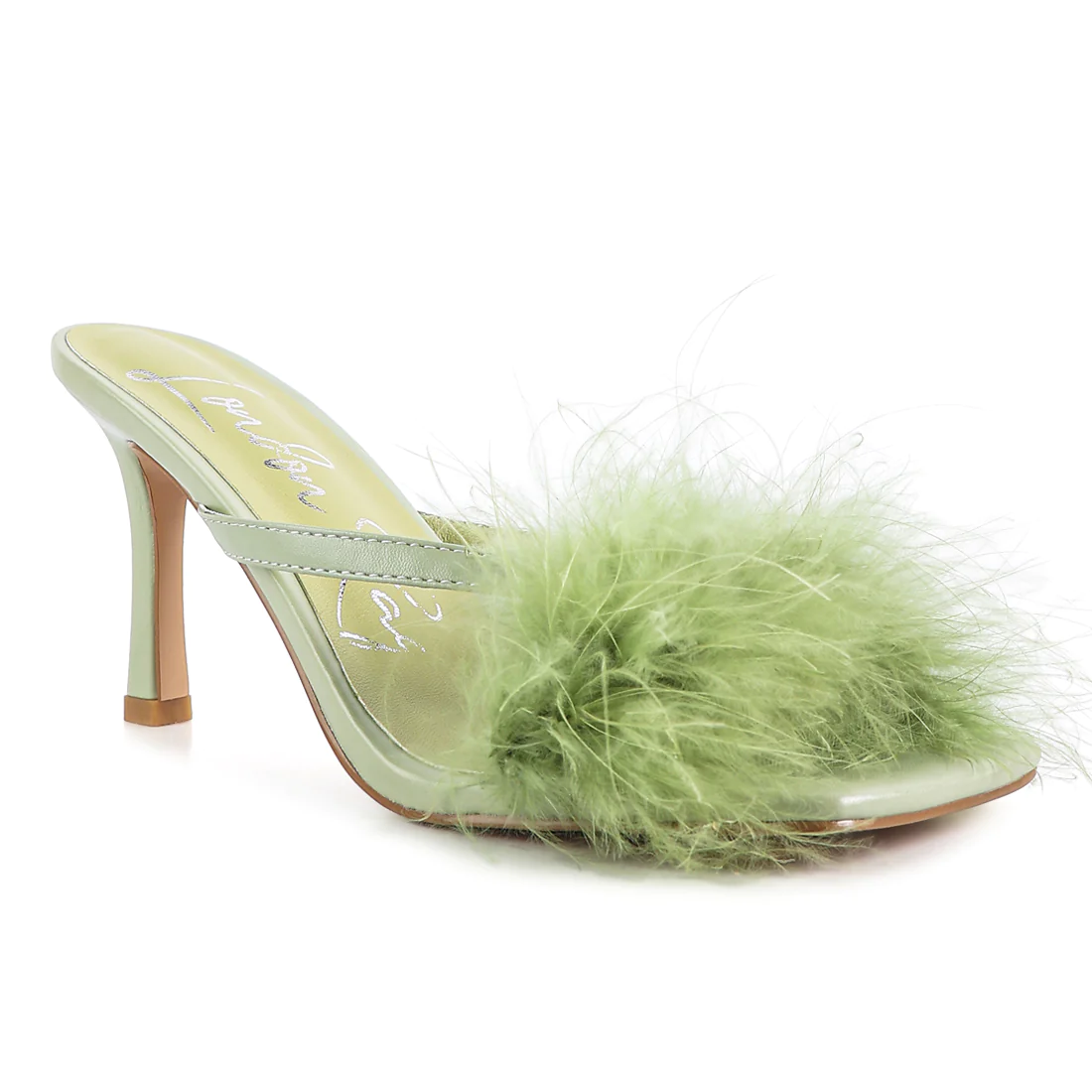 GREEN FEATHER DETAIL SLIP-ON SANDALS