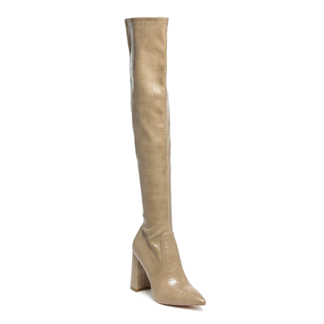 KNEE HIGH BLOCK HEELED BOOT IN BEIGE