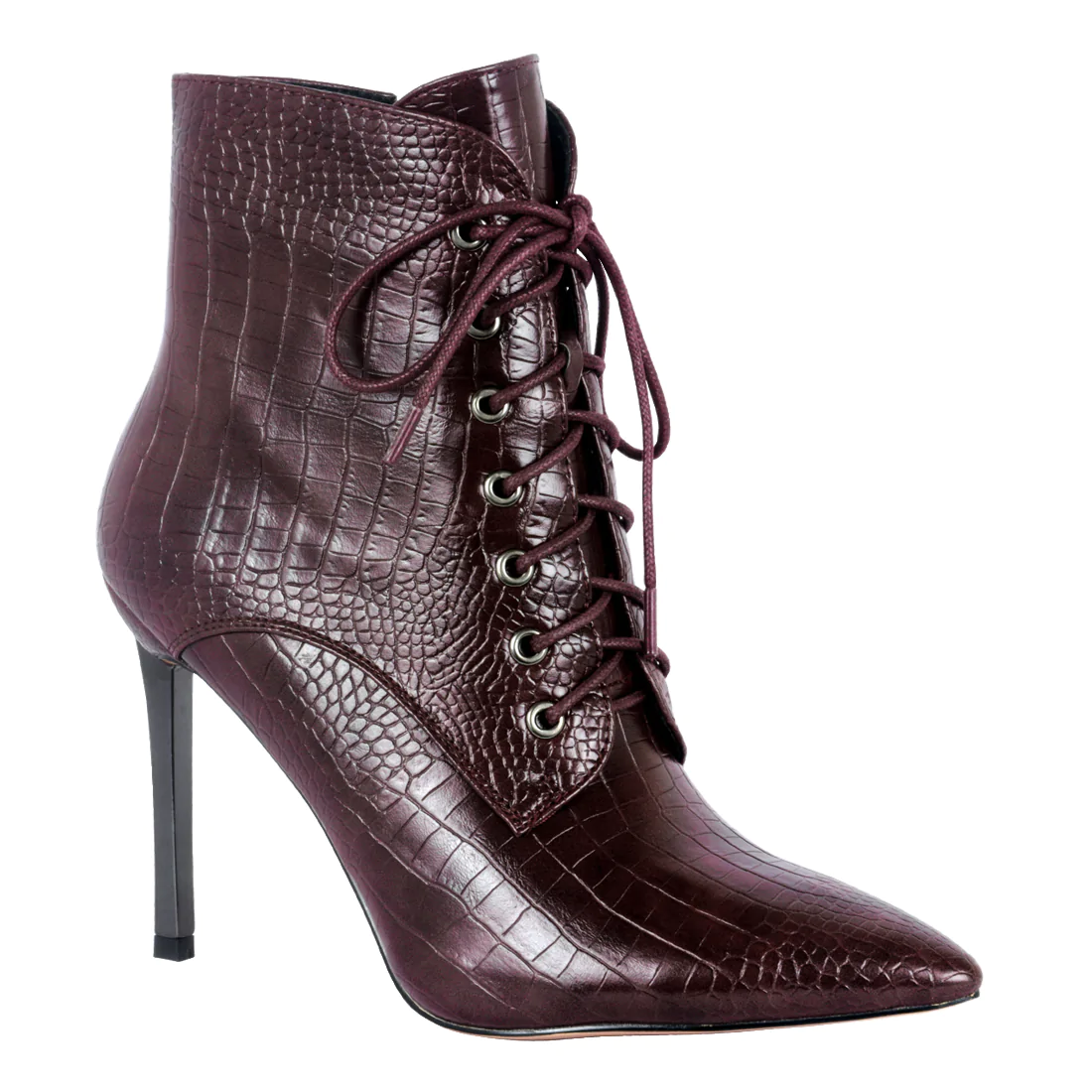 LACE-UP STILETTO BOOTS IN BURGUNDY