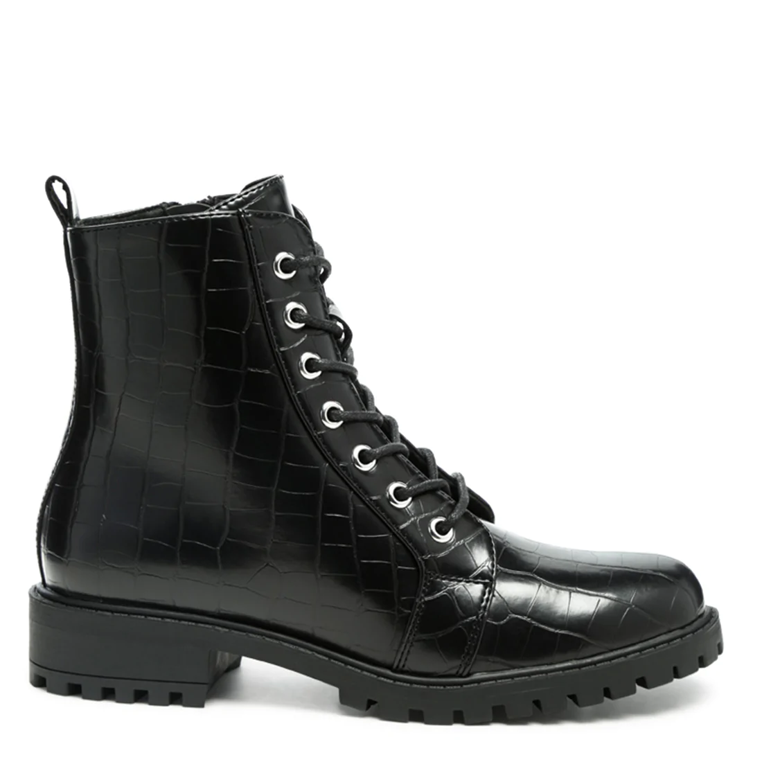 LACE - UP CROC TEXTURED ANKLE BOOTS IN BLACK