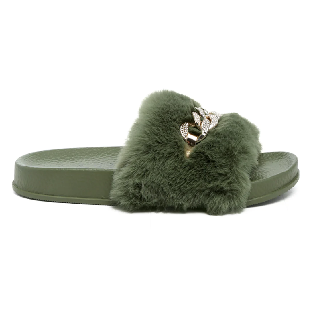 METAL CHAIN DETAIL FUR SLIDES IN OLIVE