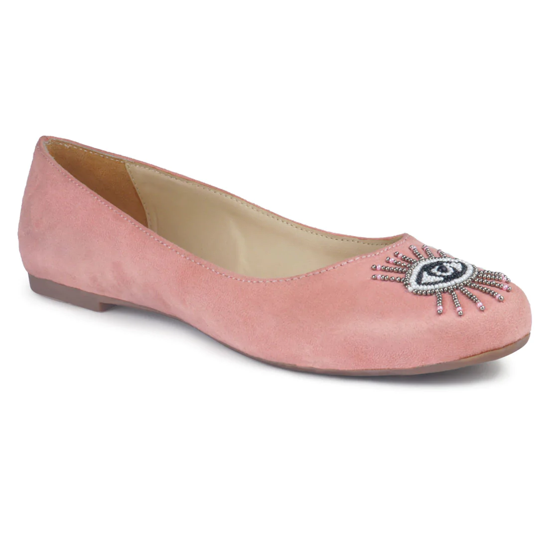 حذاء باليرينا من جلد الغزال المطرز باللون الوردي