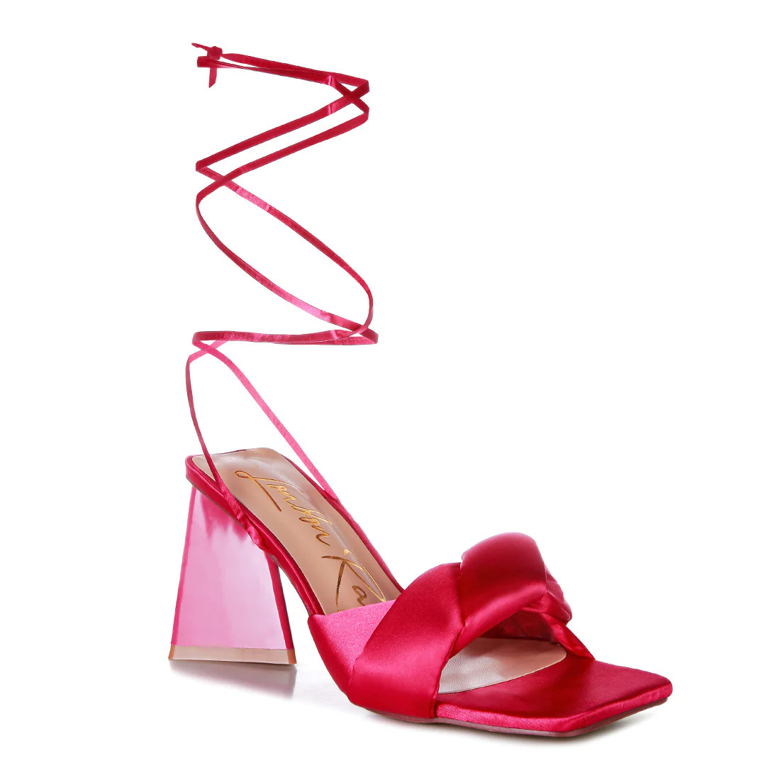 粉紅色打結的三角塊鞋跟涼鞋