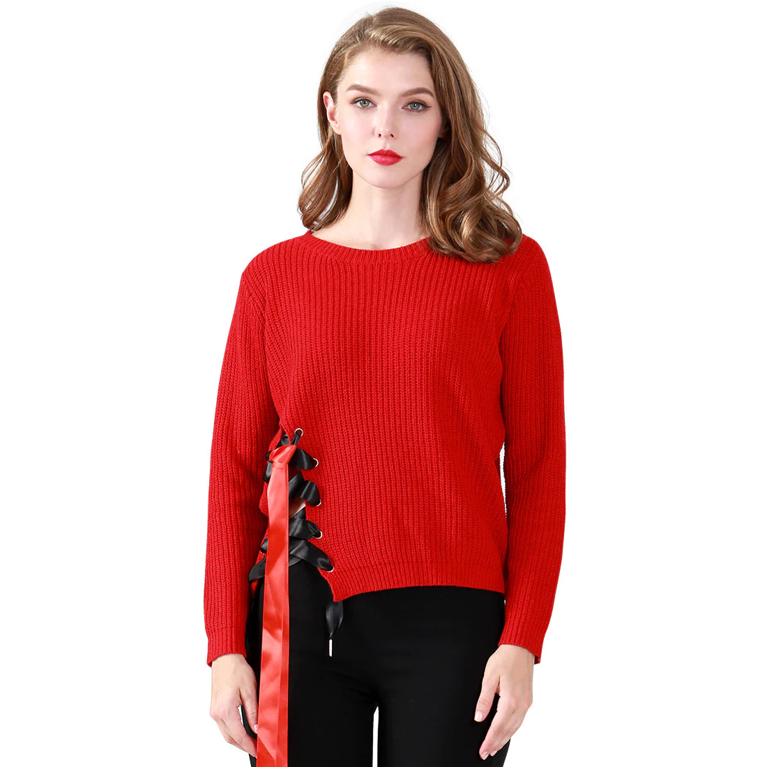 Detail string sweater lengan panjang merah