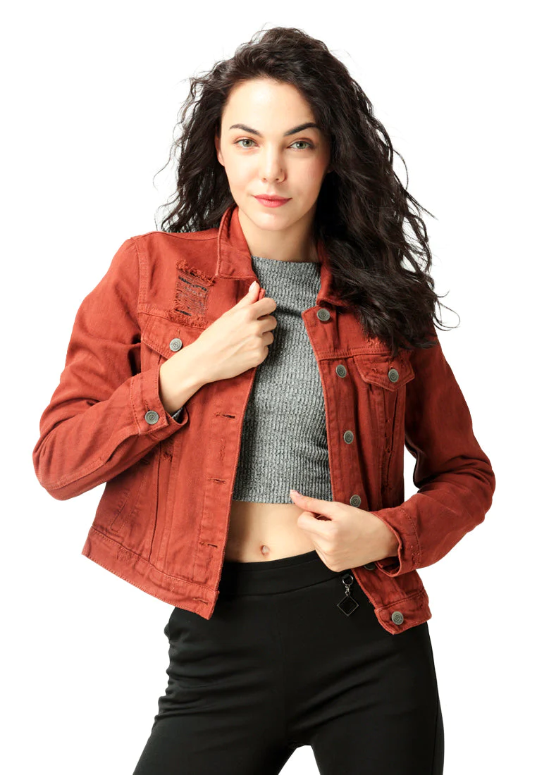 Rust Orange Ripped Denim Jacket