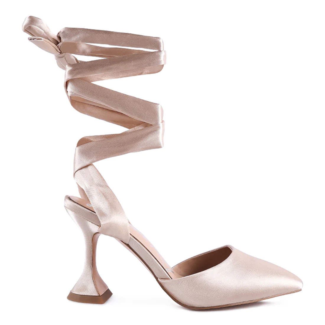 SPOOL HEEL TIE UP SATIN SANDALS IN ROSEGOLD