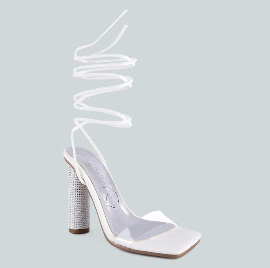 WHITE LACE UP DIAMANTE HIGH HEEL SANDAL