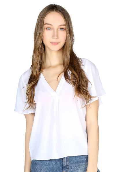 WHITE SHORT BELL SLEEVE V NECK CASUAL TOP