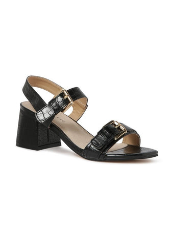 BLACK CROC PRINT BLOCK SANDAL
