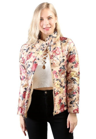 BLACK FLORAL PRINT HIGH NECK PUFFER JACKET