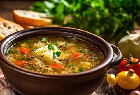 A brown bowl filled with colorful vegetable soup.