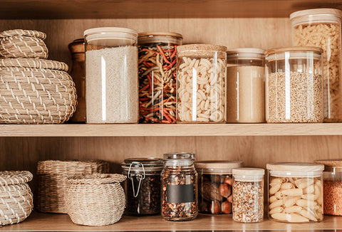 An organized row of food storage.