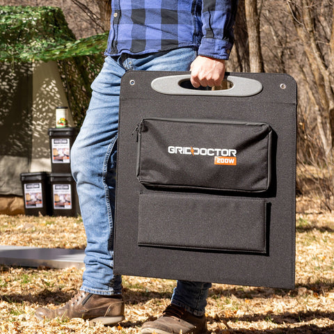 Photo of folded solar panel in its carrying case being transported by a man.