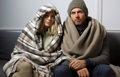 A male and female sitting on a couch covered with blankets.