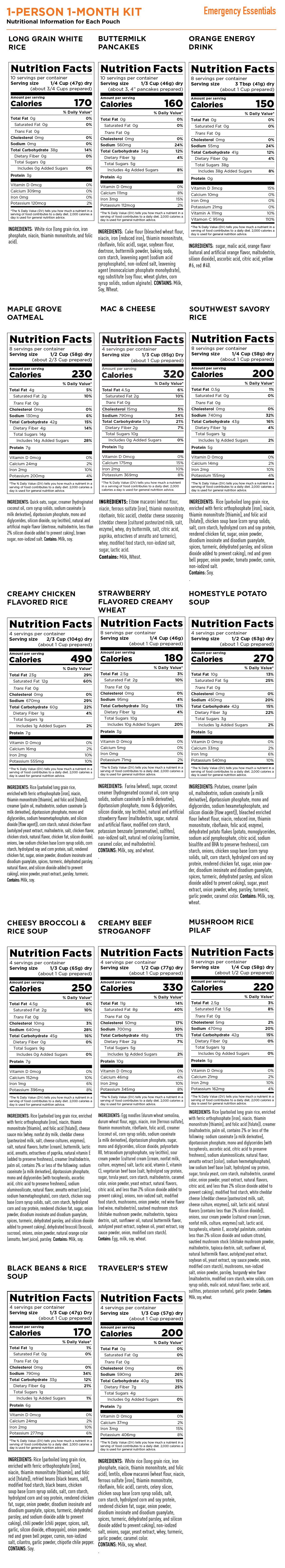 Emergency Essentials Nutrition Info