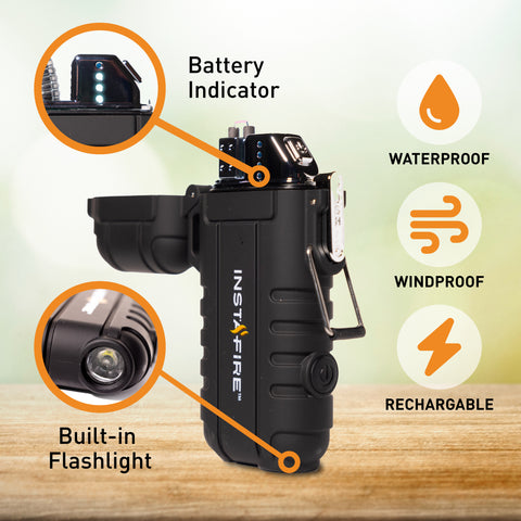 Infographic pointing out features such as battery light indicator, flashlight, windproof, waterproof, and rechargeable