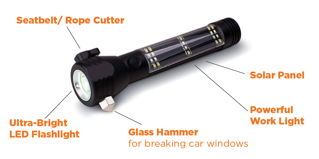 Car Safety Hammer Flashlight, Tactical Emergency Rescue Tool, LED High  Lumens Rechargeable Solar Powered Escape Kit, Window Glass Breaker and  Seatbelt