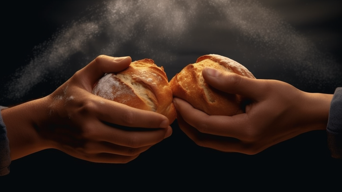hands breaking bread in a disaster