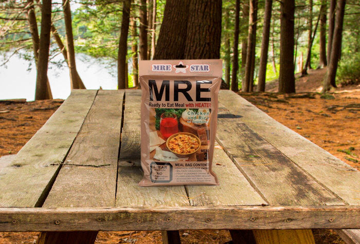 MRE pouch on a picnic table in the woods