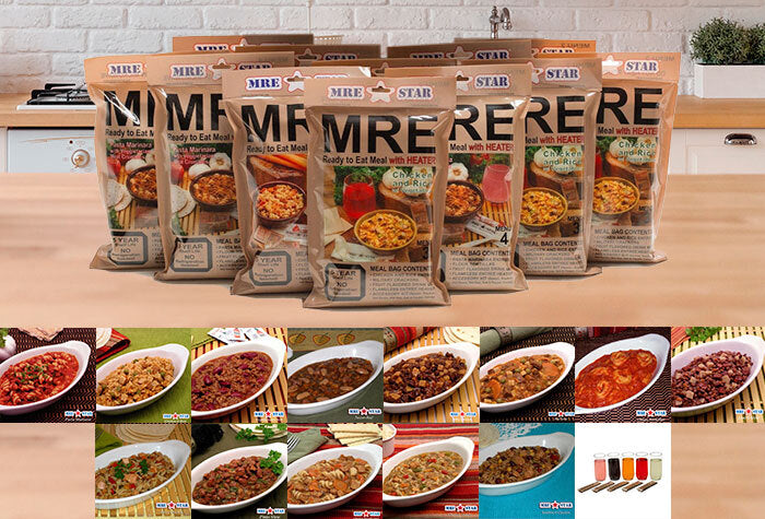 MRE pouches lined up on a table with meal images below them