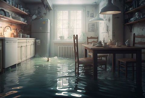 Small country kitchen flooded with water.