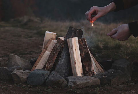 Person throwing a lit match on a campfire.