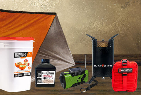 Survival items like a tent, first aid kit, and more laid out.