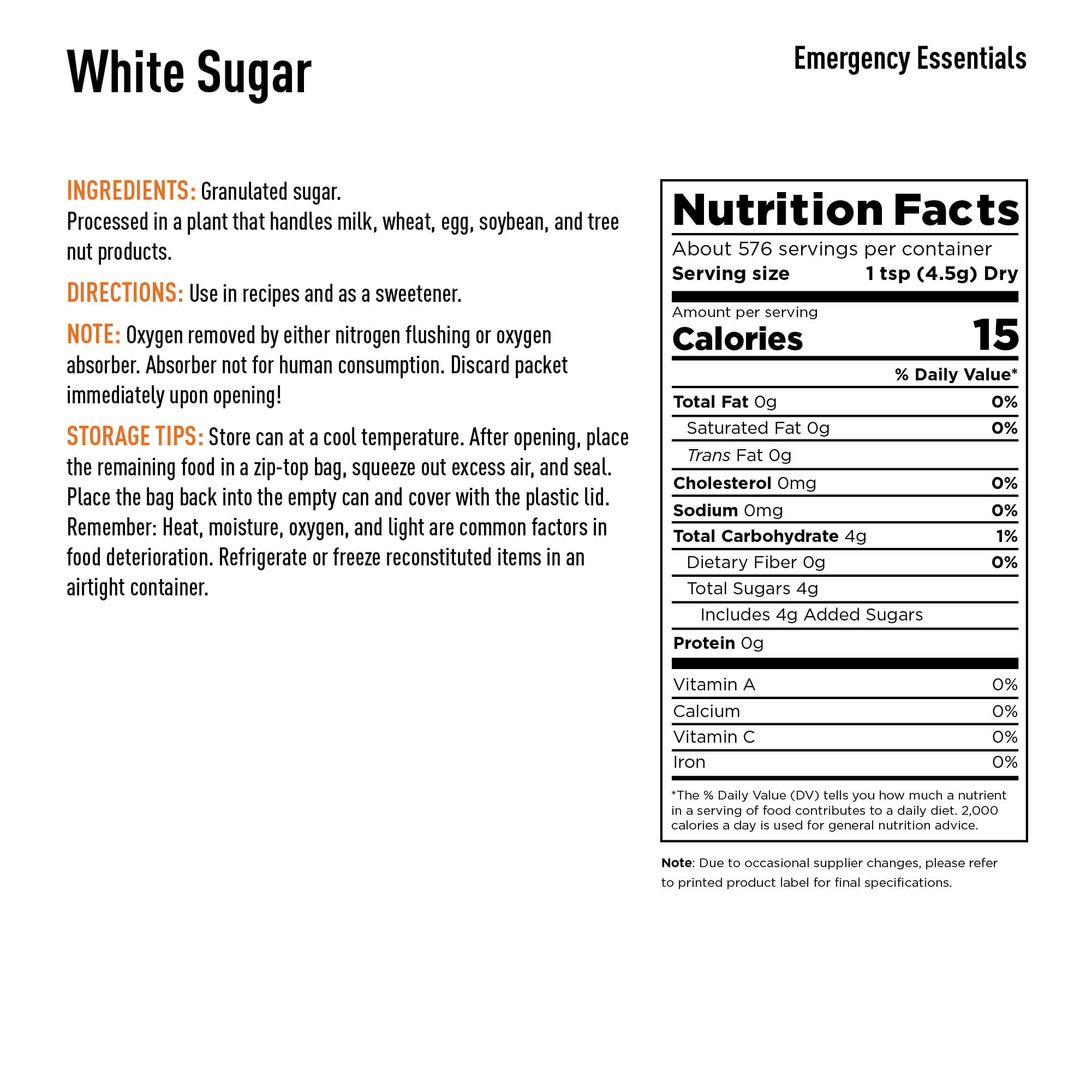 White Sugar Nutrition
