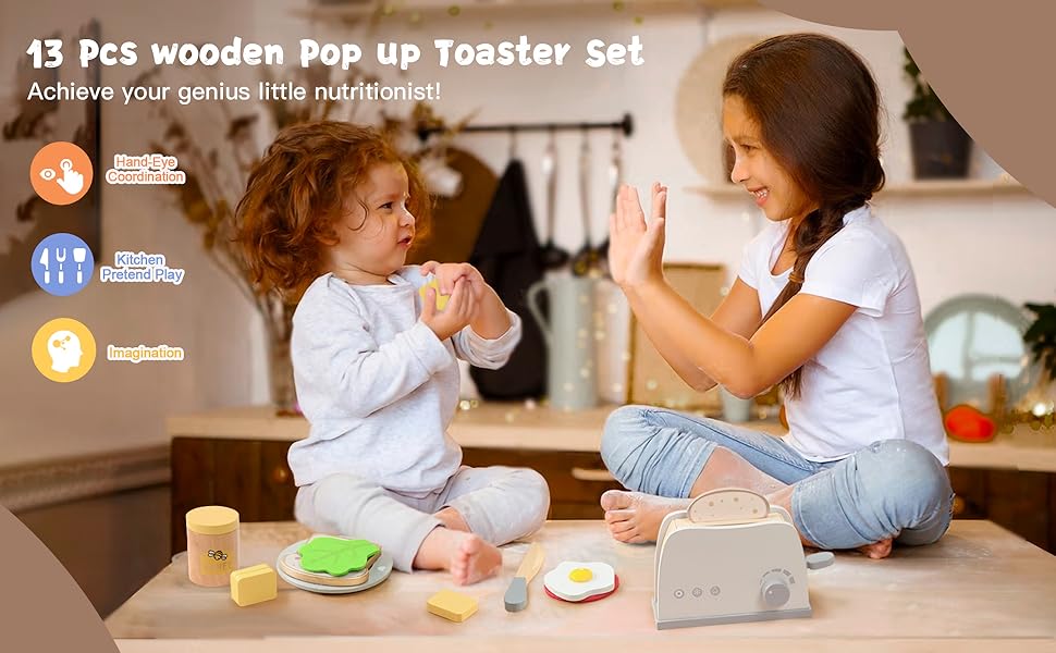 Wooden Play Pop Up Toaster Set Toys, Wooden Play Food and Kids Play Kitchen  Accessories, Toys Gift for Toddlers Girls & Boys