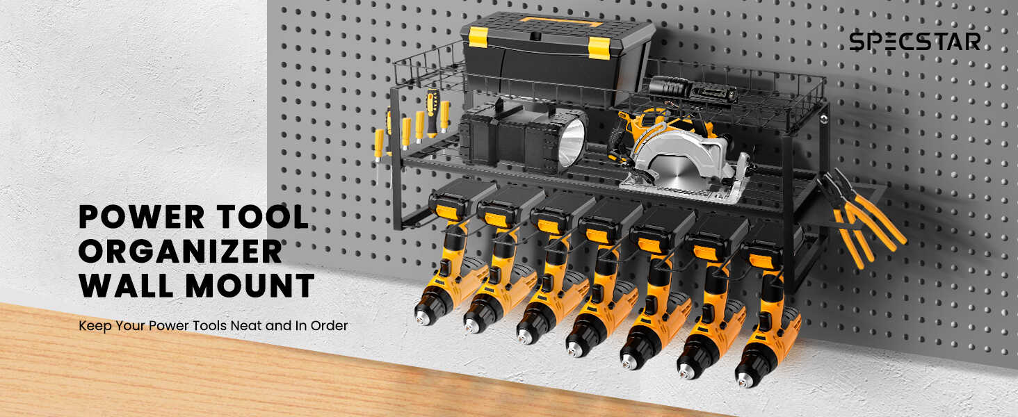 SPECSTAR Power Tool Organizer Wall Mount 3 Layers Heavy Duty Tool Shelf with 7 Drill Holders Storage Rack for Garage Workshop