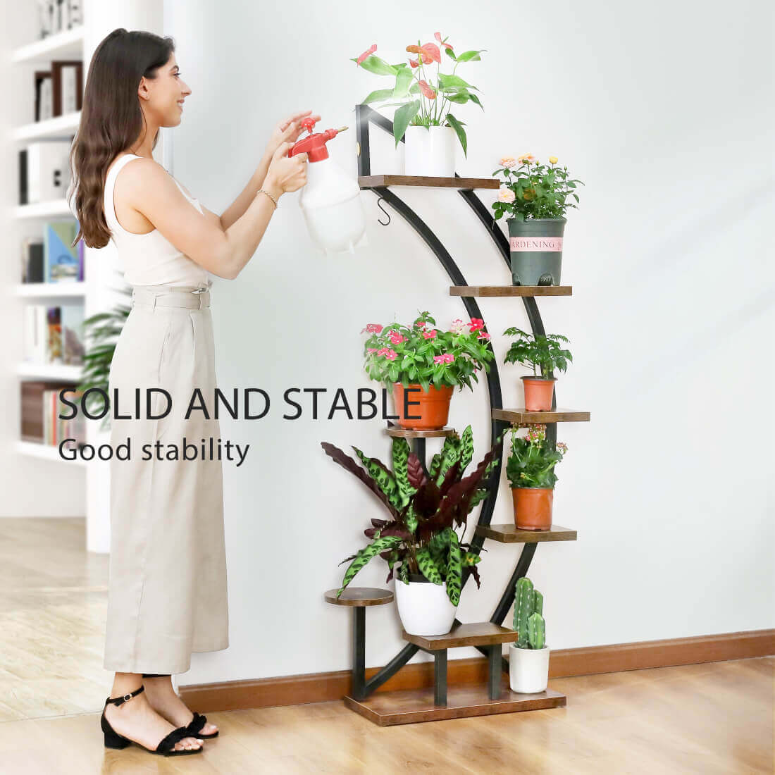 VIVOHOME 6 9 Potted Steel-Wood Plant Stand Curved Book Storage, 3