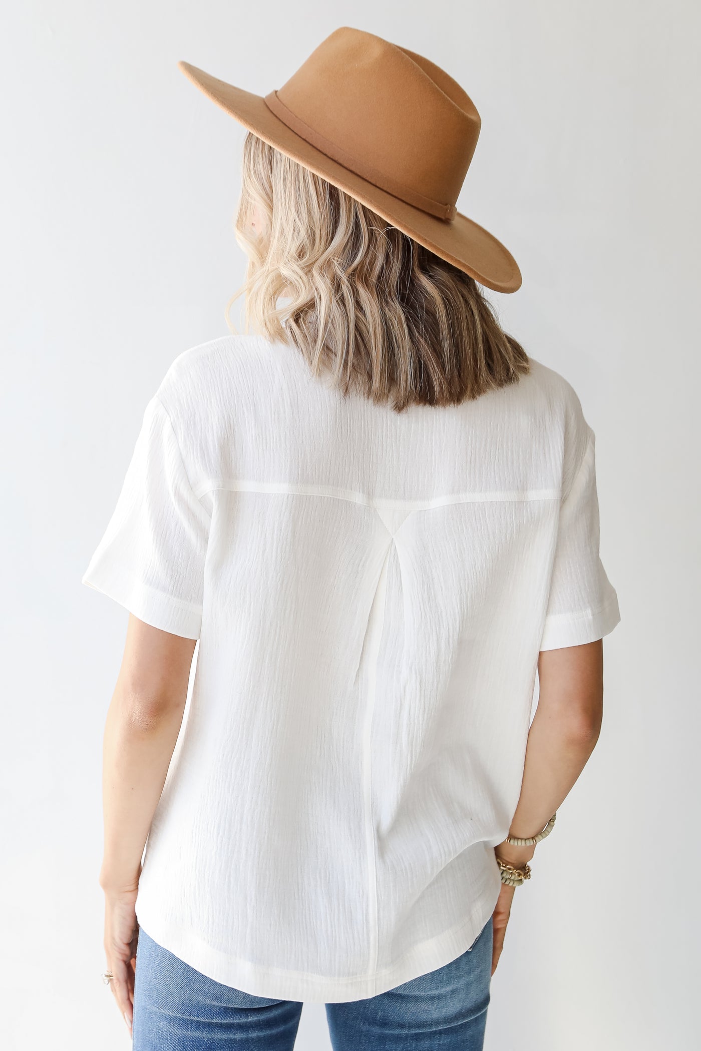 Linen Button-Up Blouse in white back view