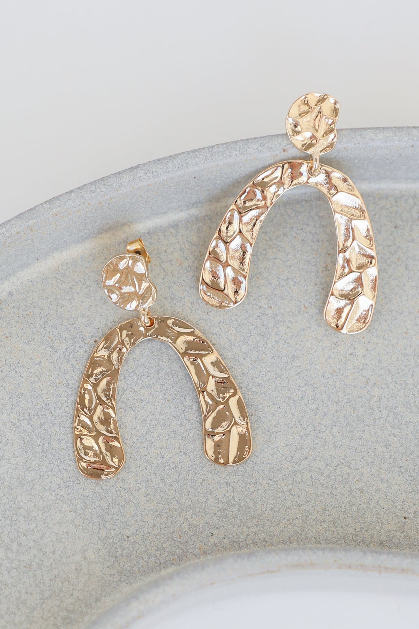 Gold Hammered Statement Earrings close up