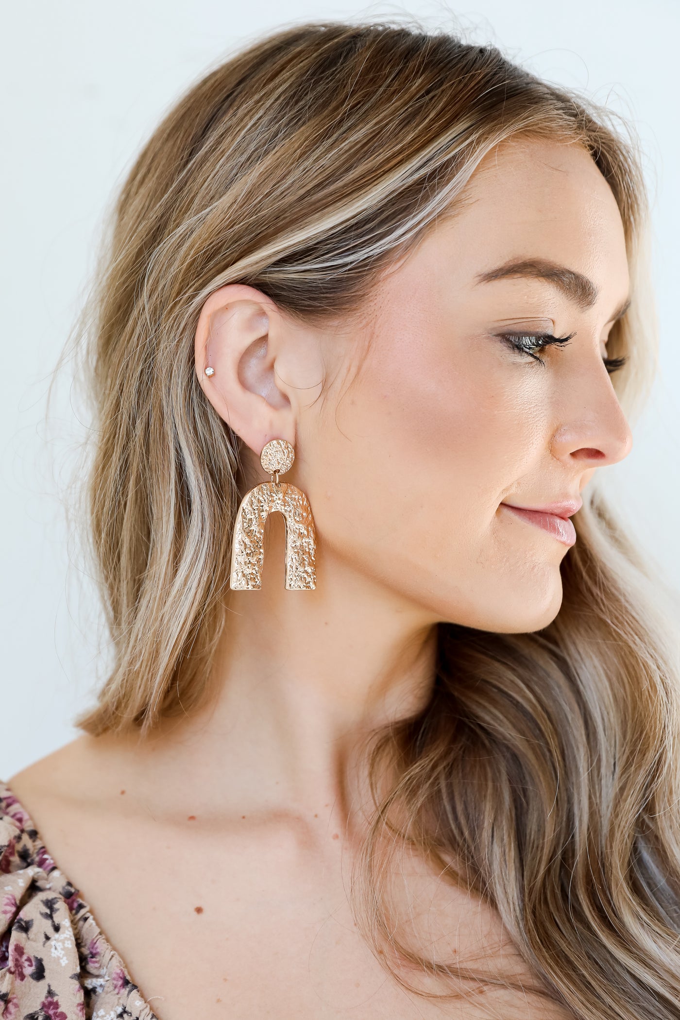 gold Hammered Statement Drop Earrings on model