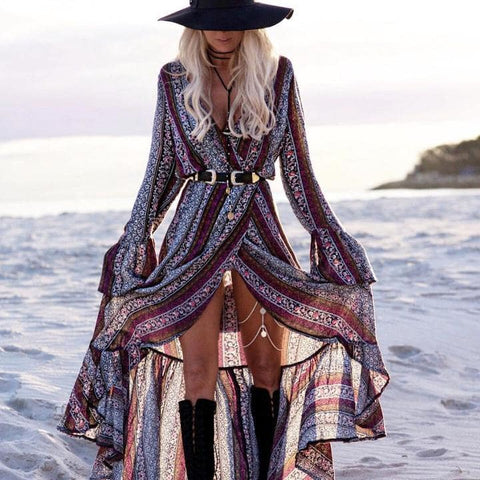 FREE SPIRIT V-NECK LONG SLEEVE MAXI DRESS-CHICBOHOSTYLE