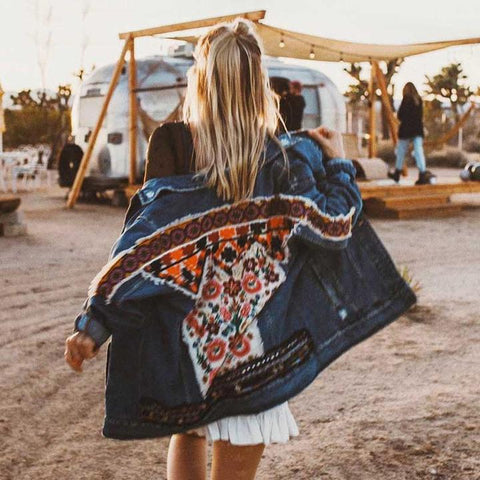 Hippie Style Folk Appliques Ethnic Denim Jacket - Chicbohostyle