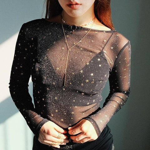 STARRY LONG SLEEVE TRANSPARENT MESH TOP